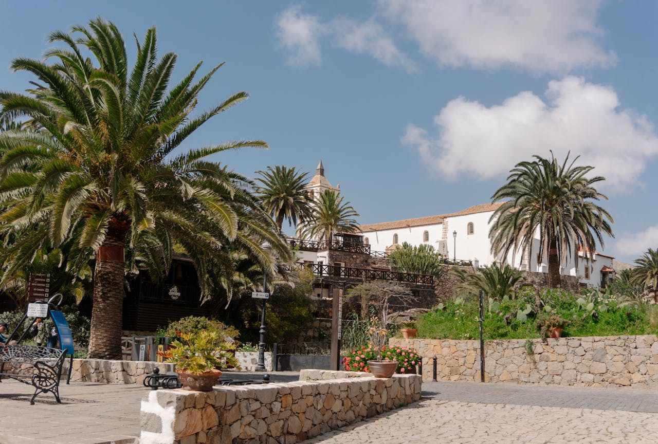 Scenic view of a charming Spanish village with palm trees and historic architecture under a bright blue sky.